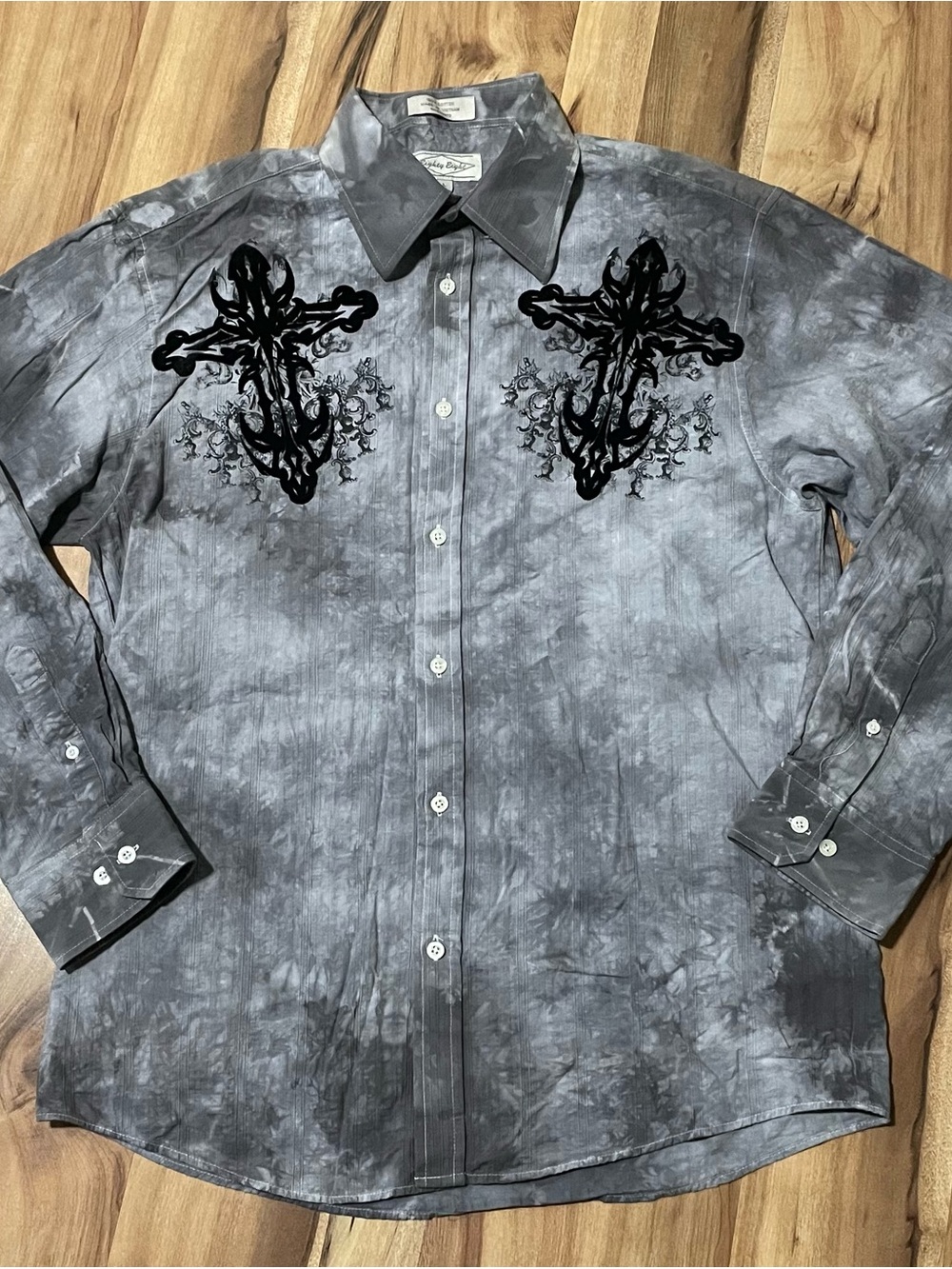 Y2K Eighty Eight Grey Tie Dye Cross Shirt Men Size L Gothic Velvet Button Up